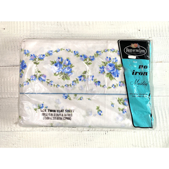 Vintage 1970s NOS Twin Flat Sheet Fruit Of The Loom Muslin Blue Rose Flower - Picture 2 of 12